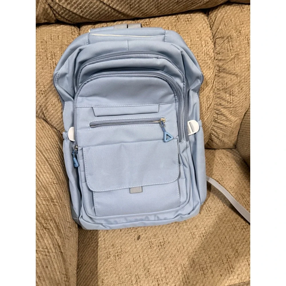 Light Blue Multi-Pocket Backpack Water Resistant Travel School Bag